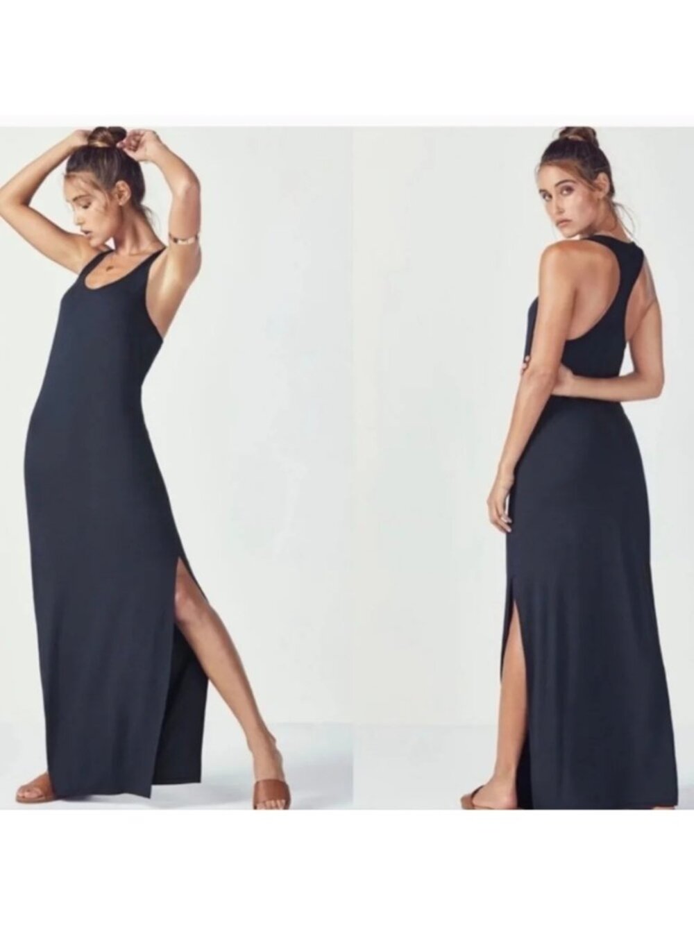 Fabletics Size L Iliana Racerback Sleeveless Maxi Dress Midnight Blue Side Slit - Picture 2 of 8
